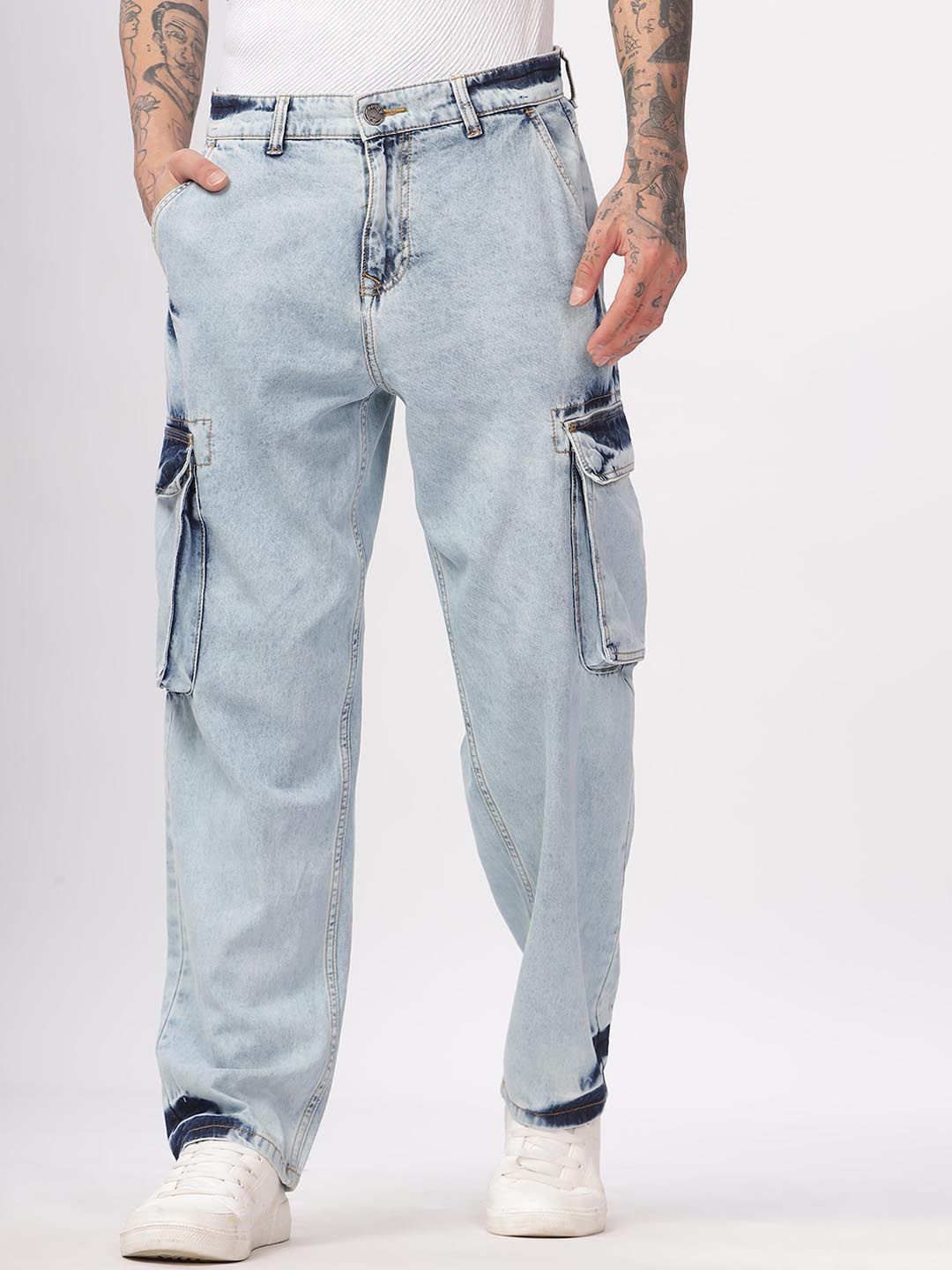 WROGN Men Comfort Mid-Rise Heavy Fade Cargo Jeans