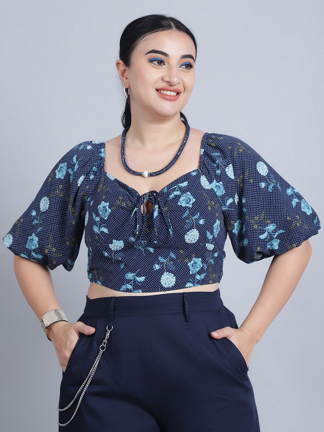 Baawri Floral Print Sweetheart Neck Puff Sleeve Top