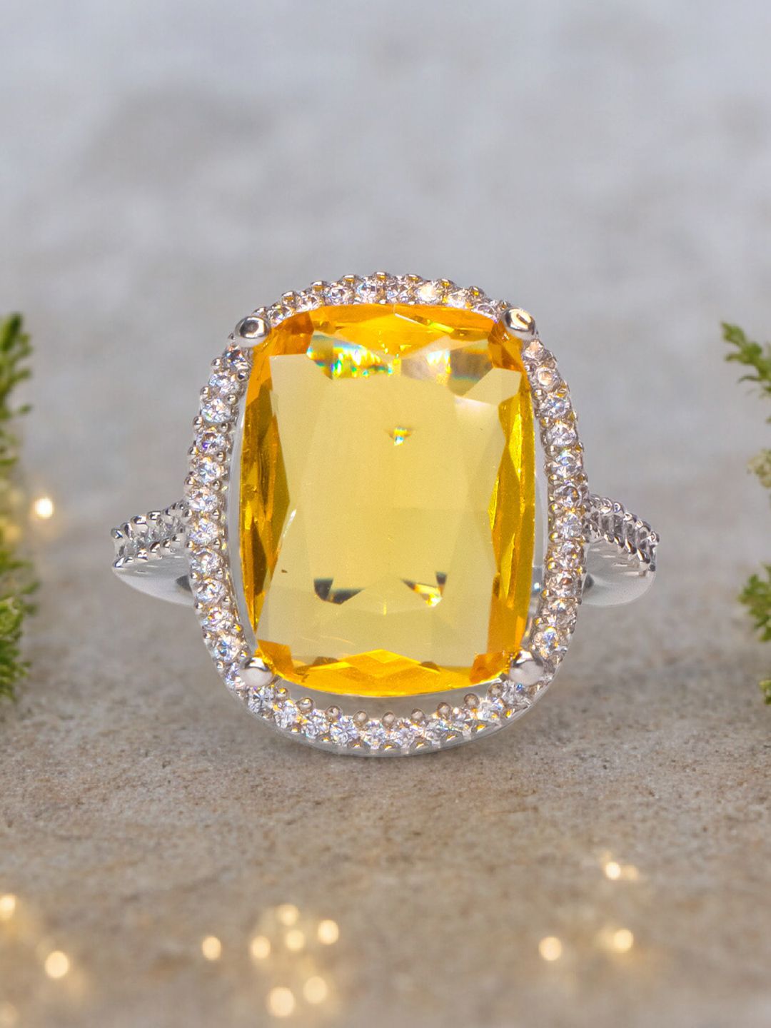 Manikya Rhodium-Plated Cubic Zirconia-Studded Adjustable Finger Ring