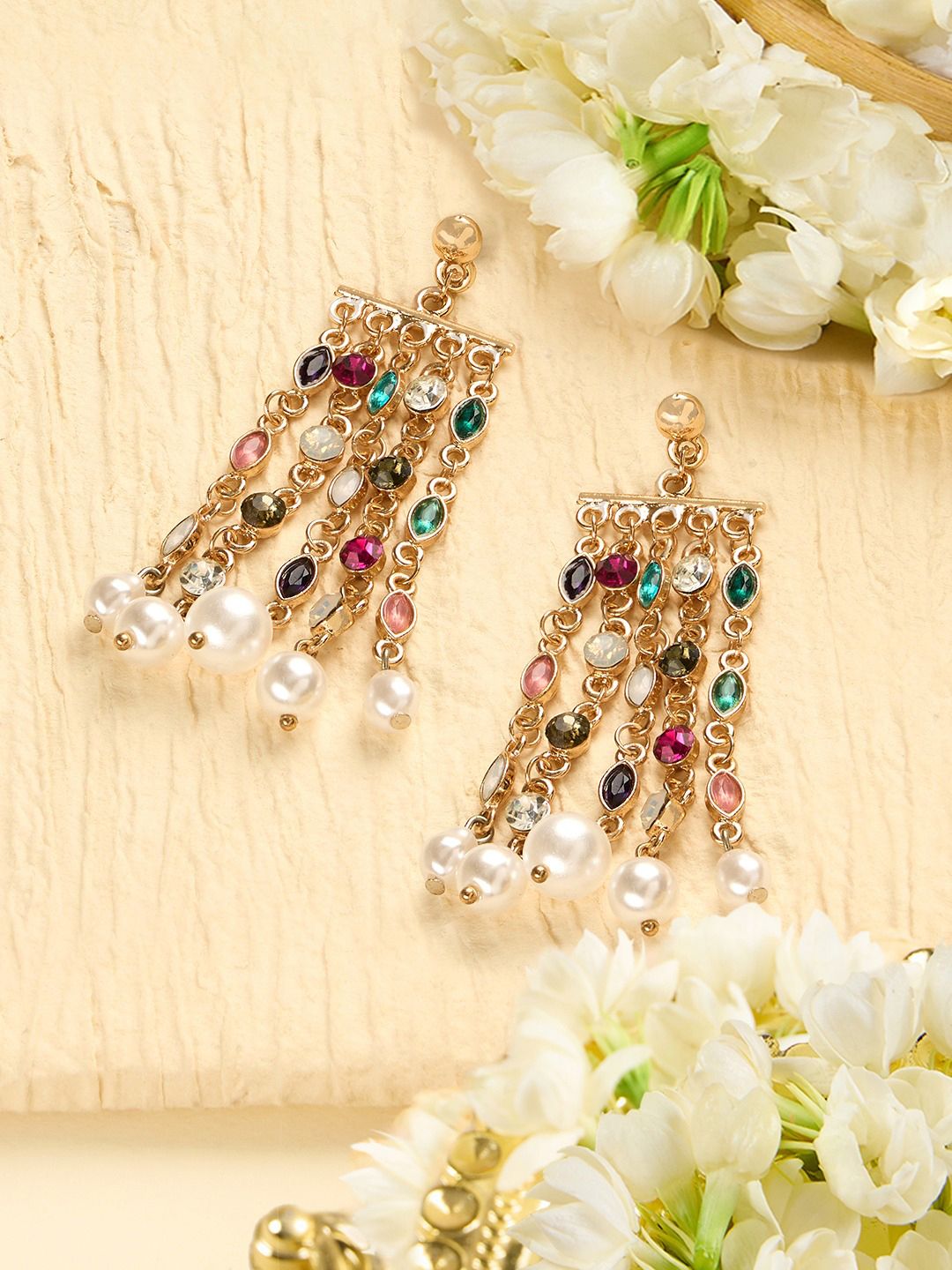 Zaveri Pearls Gold-Plated  Dazzling Stones Studded Chain Fringe Contemporary Drop Earrings