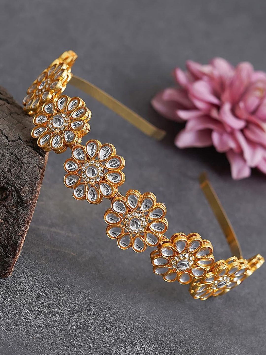 Majestique Set of 1 Gold Plated Kundan Matha-Patti Metal Hairband Flower Design