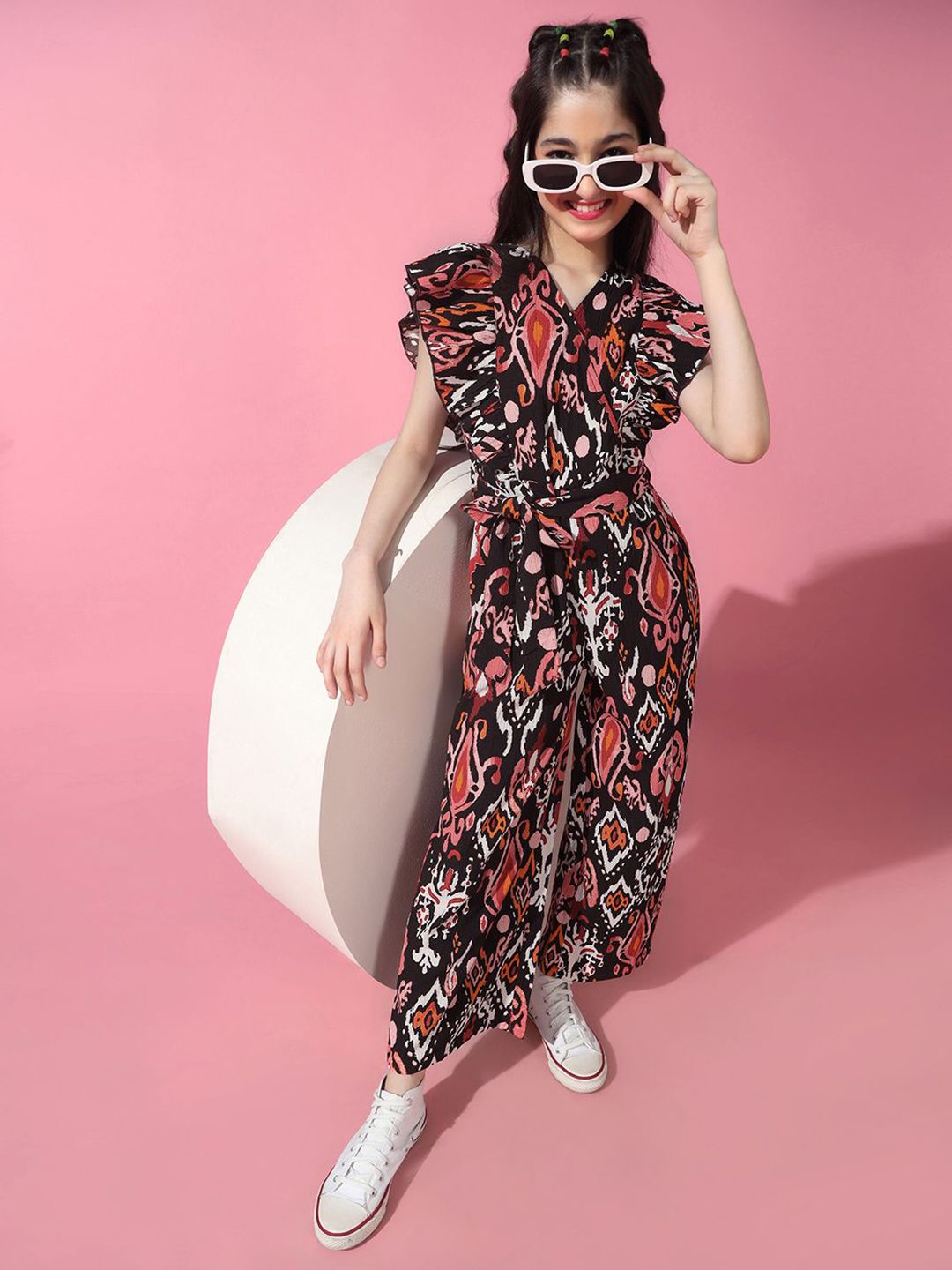 Girls Printed Ruffled Sleeve Tie-Up Waist Basic Jumpsuit 6