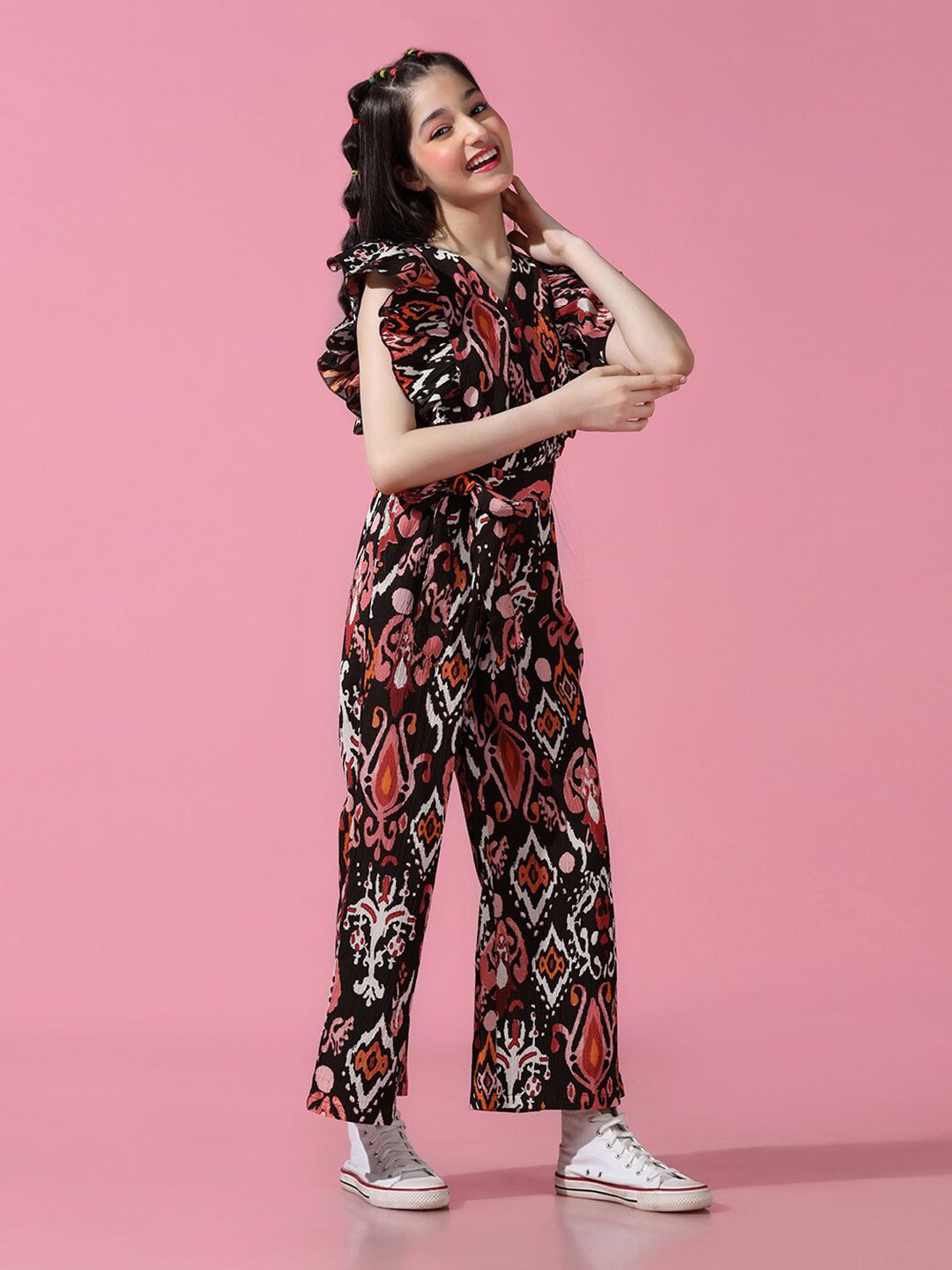 Girls Printed Ruffled Sleeve Tie-Up Waist Basic Jumpsuit 3