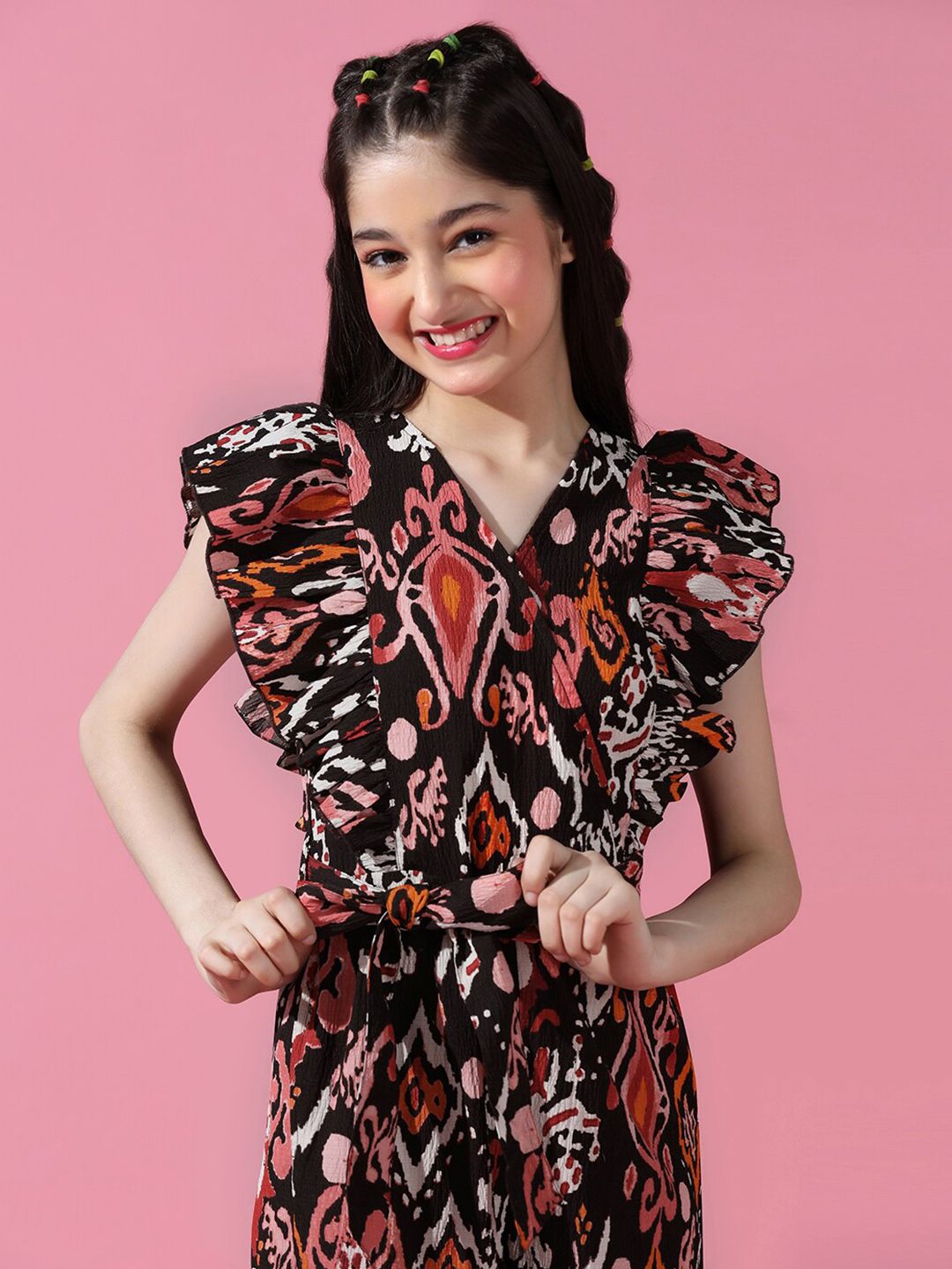 Girls Printed Ruffled Sleeve Tie-Up Waist Basic Jumpsuit 7