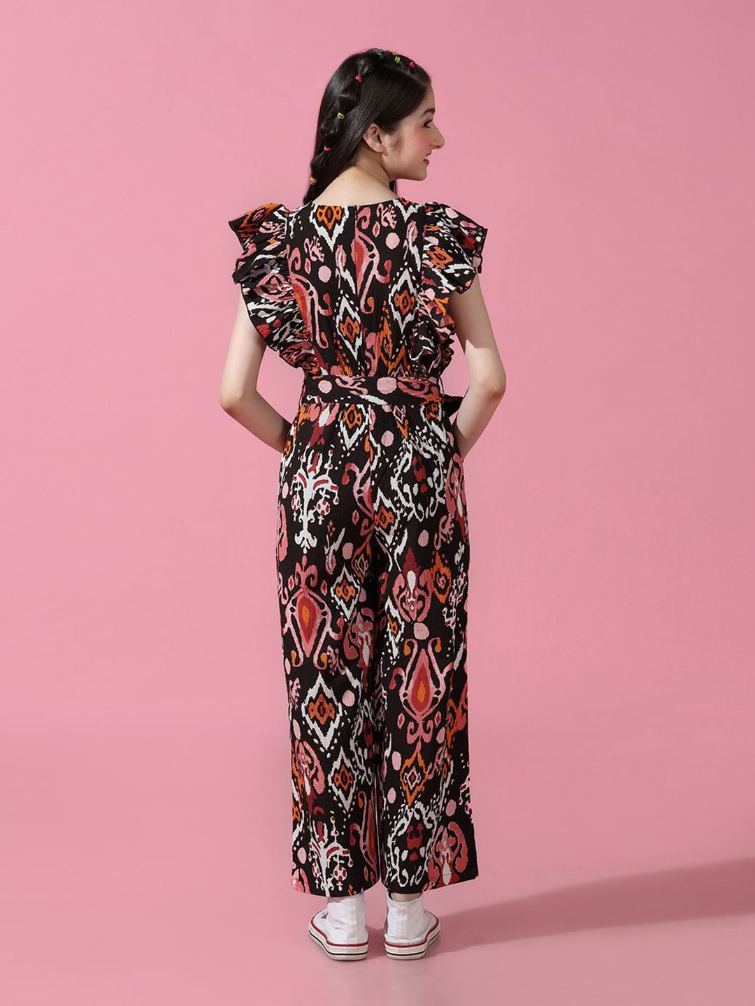 Girls Printed Ruffled Sleeve Tie-Up Waist Basic Jumpsuit 5