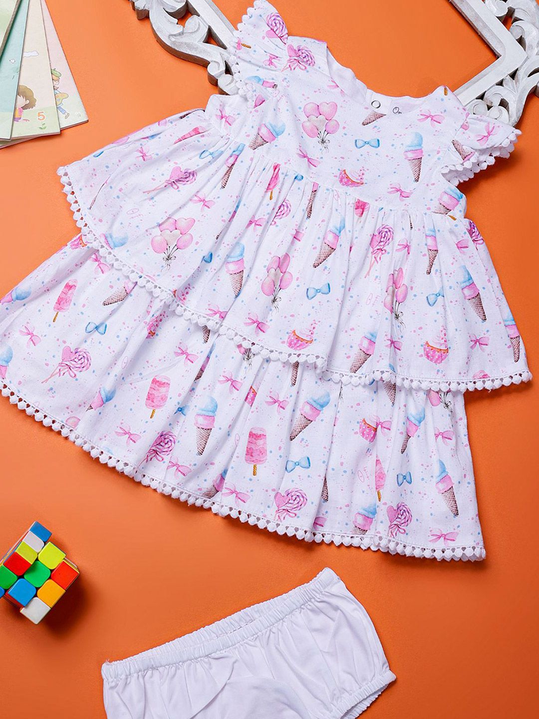 One Friday Girls White Printed Cotton Round Neck Fit & Flare Dress
