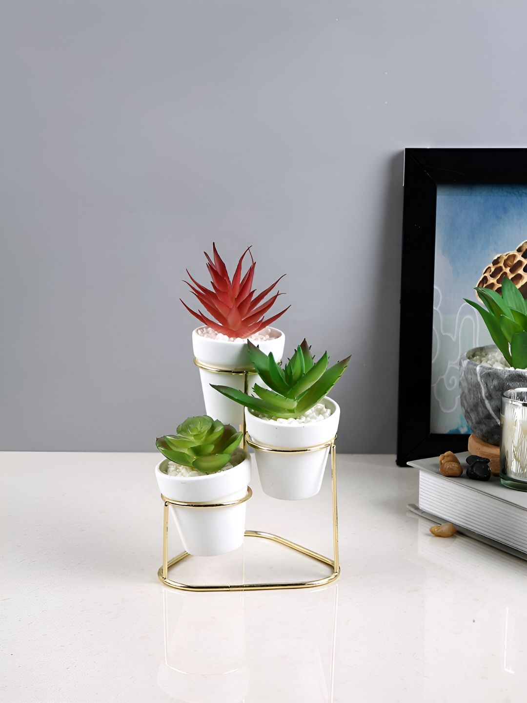 TAYHAA White & Green 3 Pieces Aloe Vera Artificial Plant With Pot