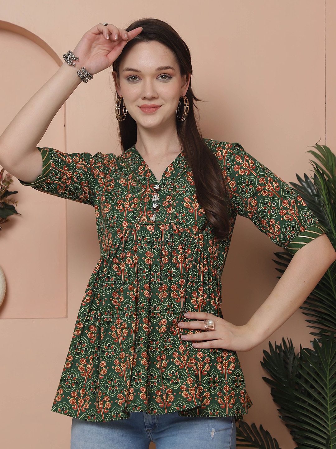 KALINI Floral Printed Cotton Empire Top