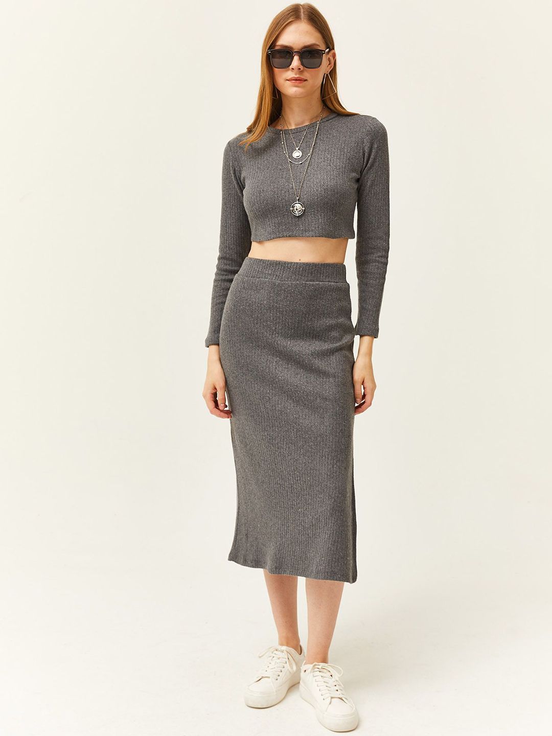 Olalook Ribbed Striped  Round-Neck Top & Skirt Cotton Co-Ords