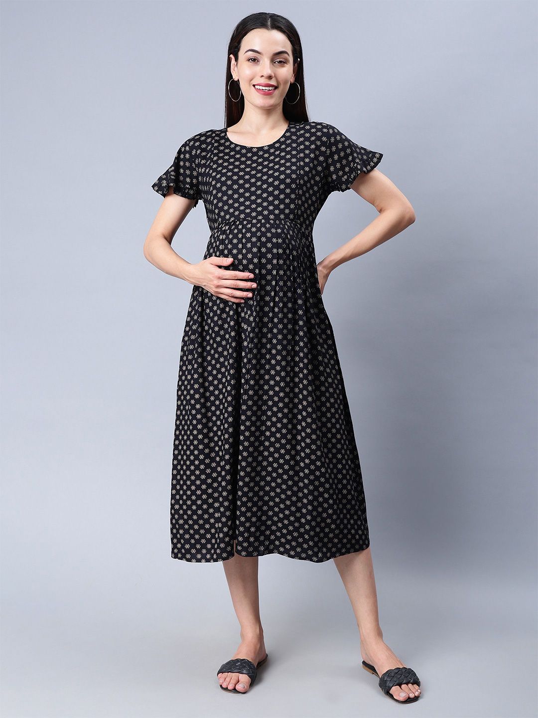 NIGHTSPREE Polka Dot Printed Maternity Fit & Flare Midi Dress
