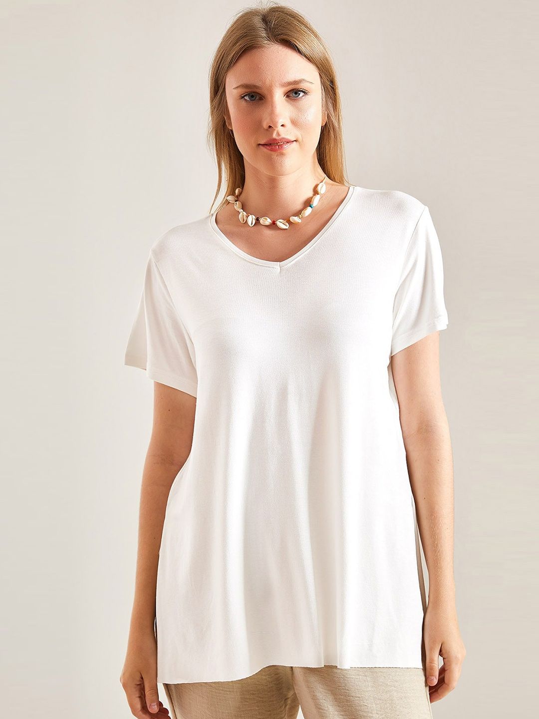 BIANCO LUCCI V-Neck Short Sleeves Longline T-shirt