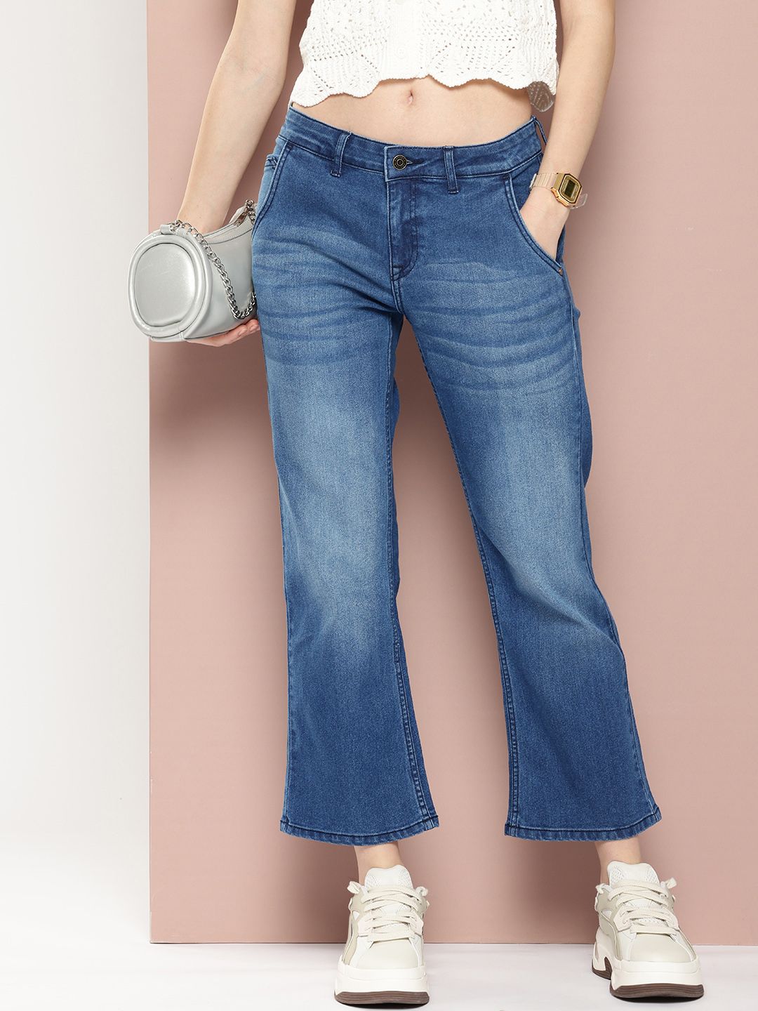 Harvard Women Kick Flared Boot Fit Heavy Fade Stretchable Cropped Jeans