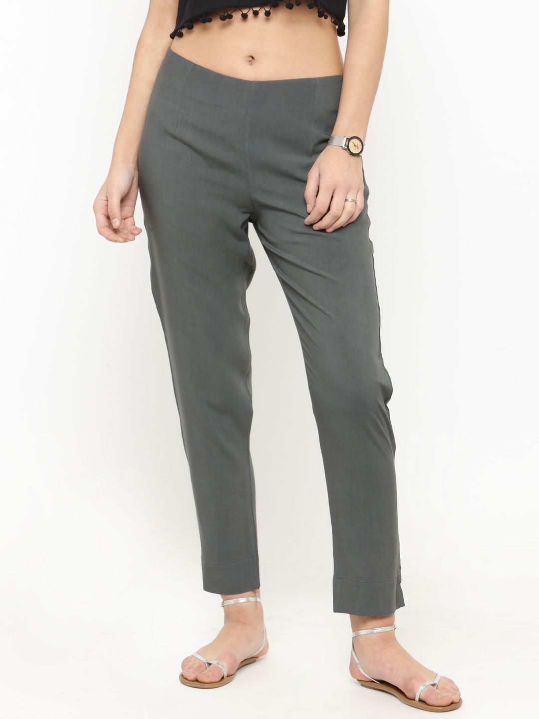 Varanga Women Grey Straight Fit Solid Regular Trousers