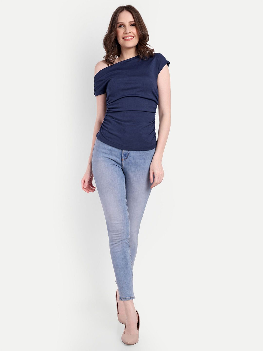 DRAPE AND DAZZLE Ribbed Gathered One Shoulder Cotton Casual Top