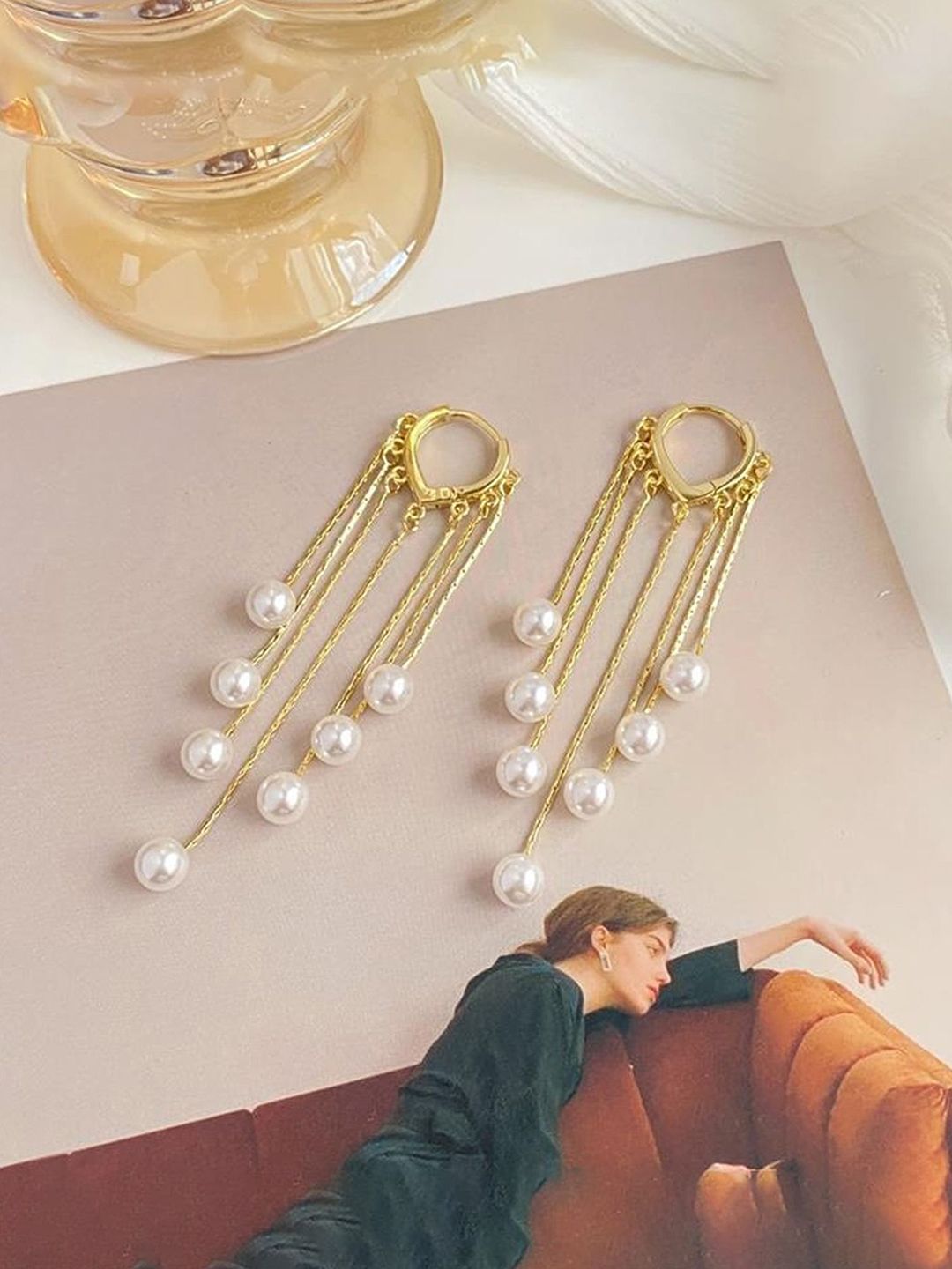 Yellow Chimes Gold Plated Tasselled Drop Earrings
