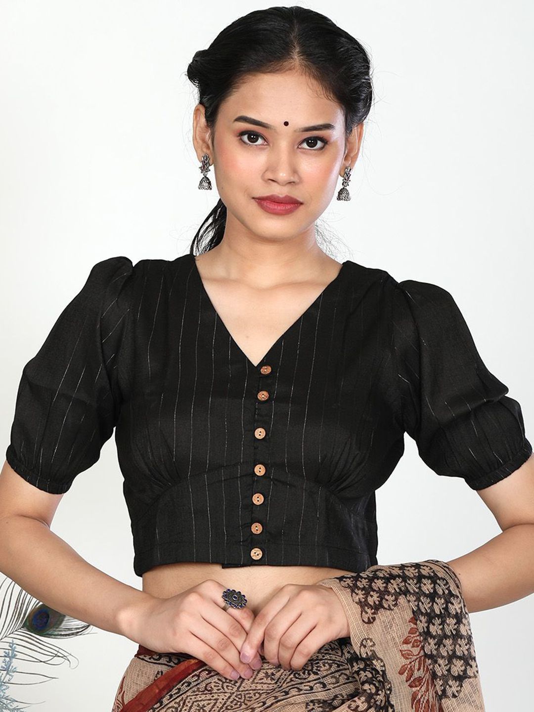 Llajja Woven Design V-Neck Puff Sleeves Saree Blouse