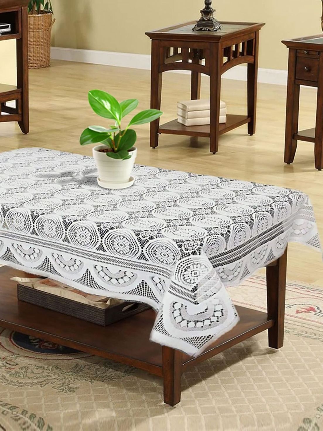 TANLOOMS White Floral Cotton 2-Seater Table Cover with Embroidered details