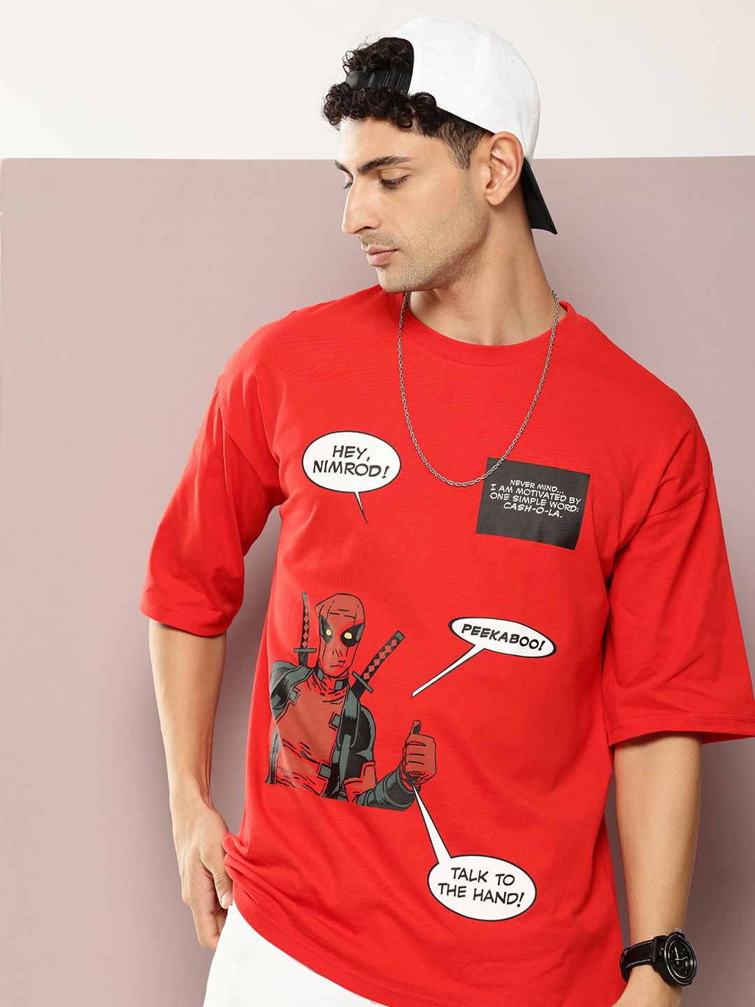 Kook N Keech Marvel Men Deadpool Printed Oversized Drop-Shoulder Sleeves T-shirt