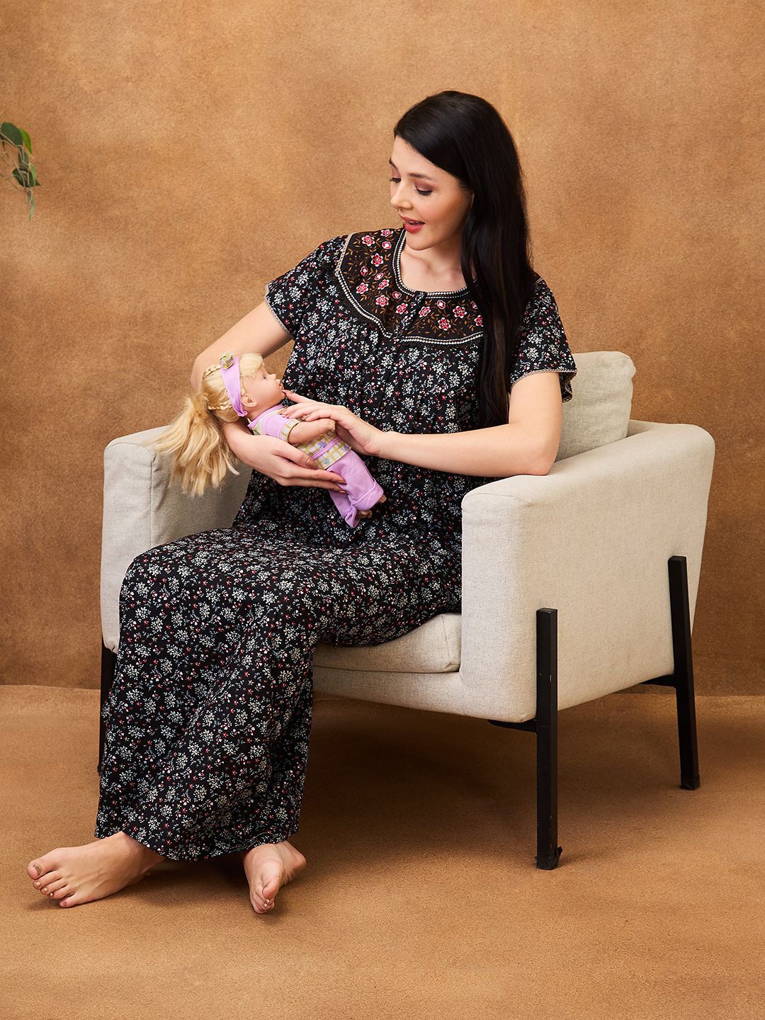 AV2 Floral Printed Pure Cotton Maternity Maxi Nightdress
