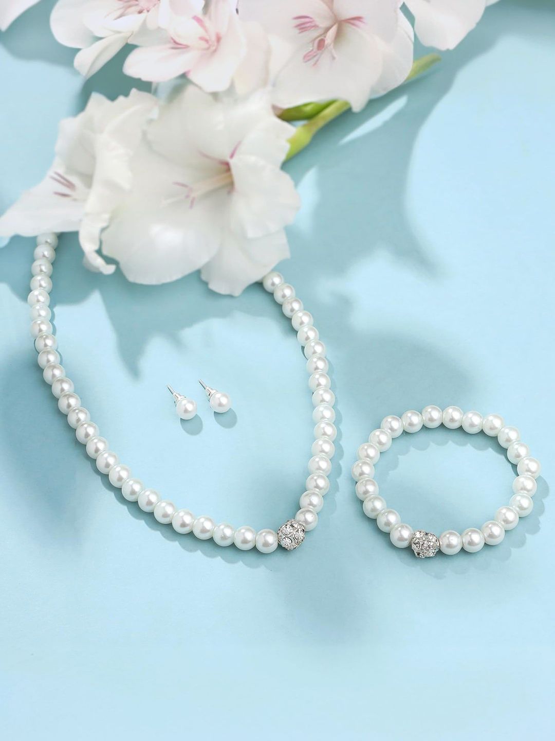 Yellow Chimes Silver-Plated Pearl Beaded Jewellery Set