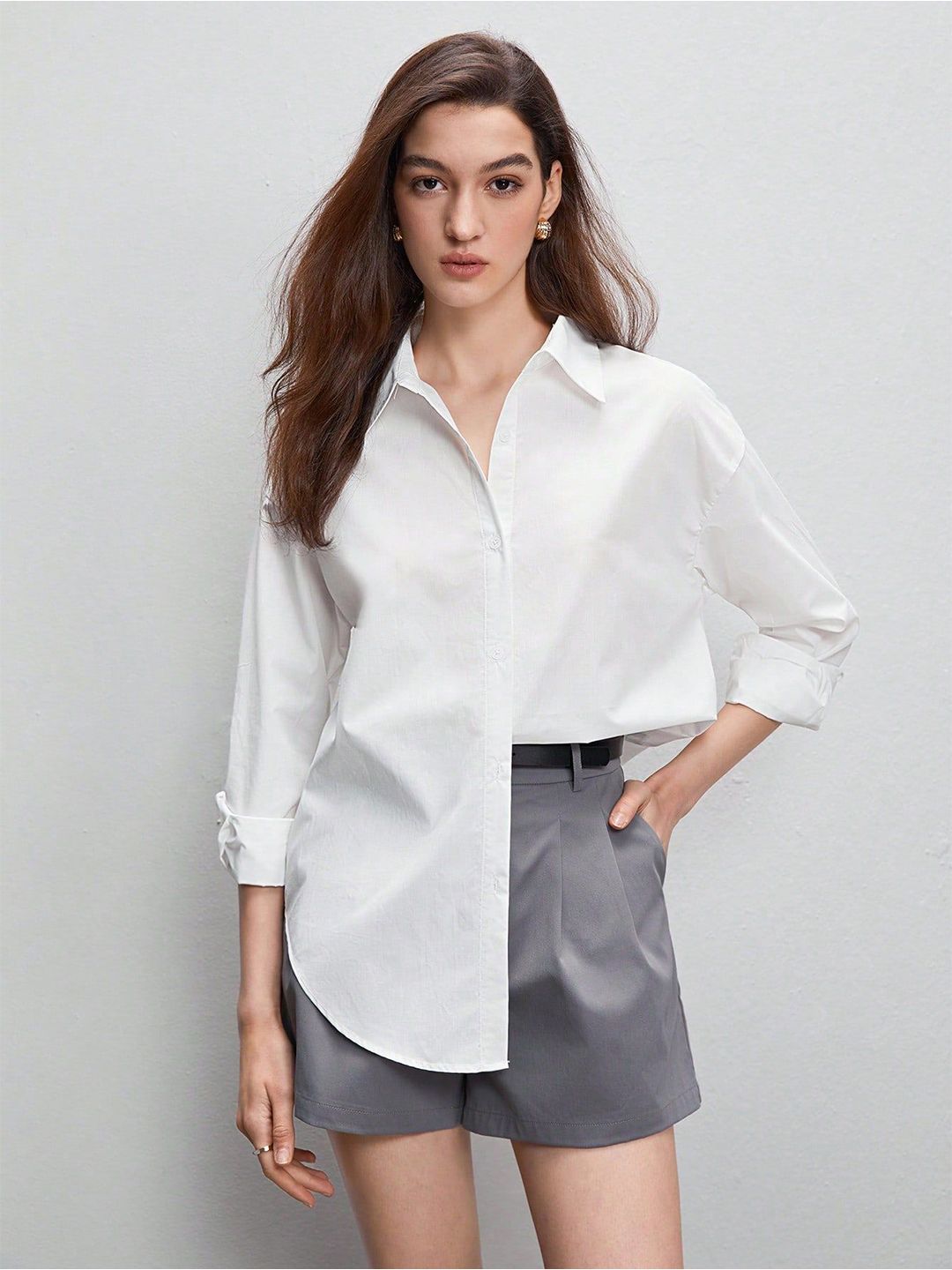 Relaxed Fit Spread Collar Cotton Casual Shirt