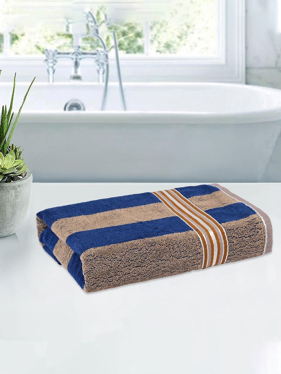 Kuber Industries Cream & Blue Striped Cotton 150 GSM Bath Towel