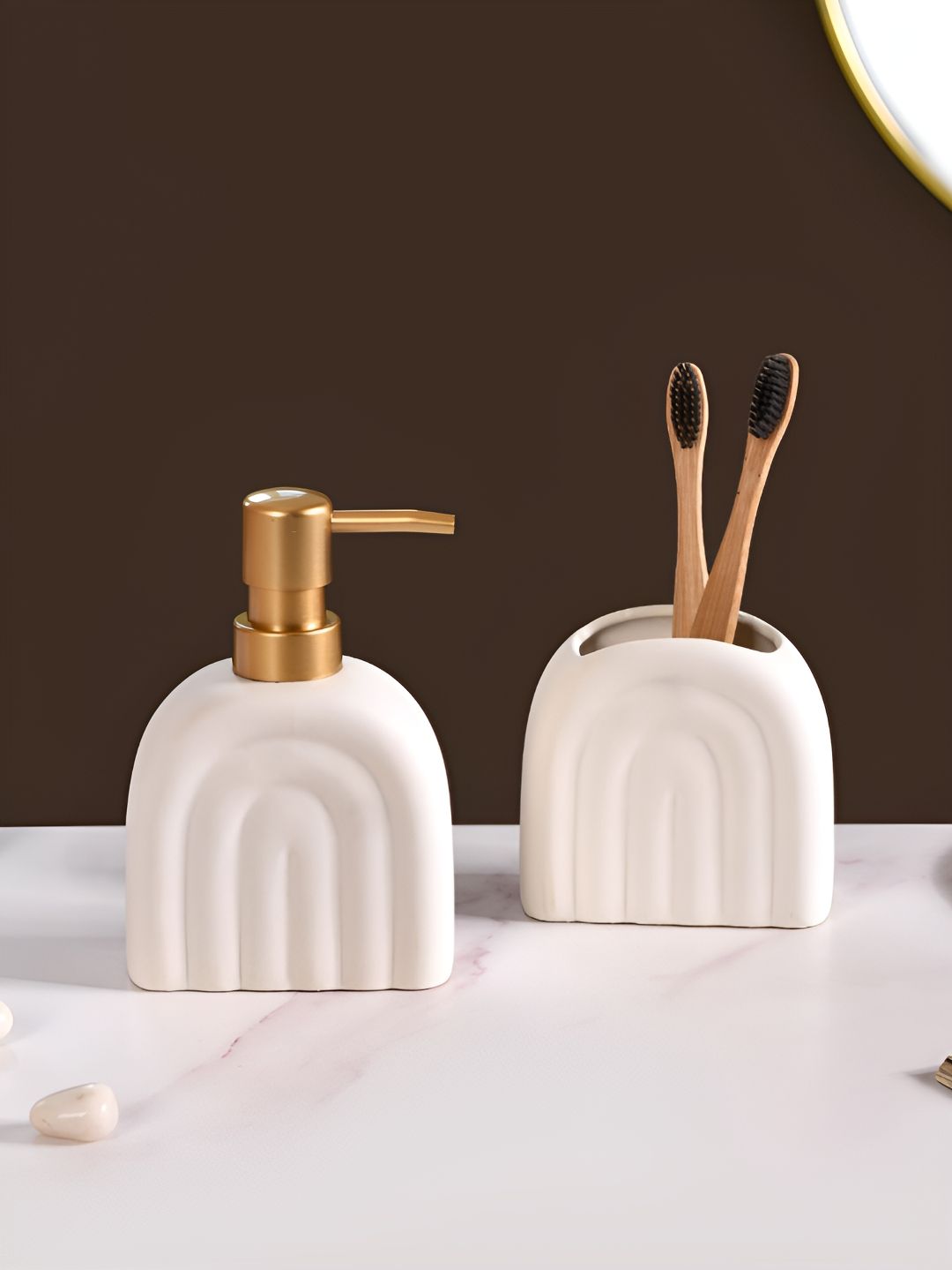 Nestasia White 2 Pieces Textured Ceramic Soap Dispenser With Toothbrush Holder