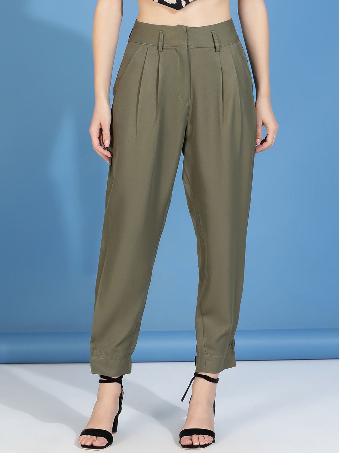 Stylecast X Kotty Women Olive Green Relaxed High-Rise Easy Wash Pleated Trousers