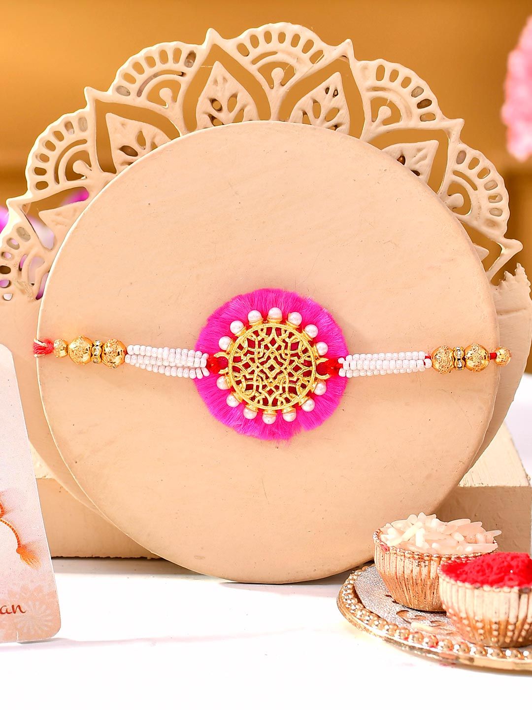 Pearl And Gold Filigree Rakhi For Brother