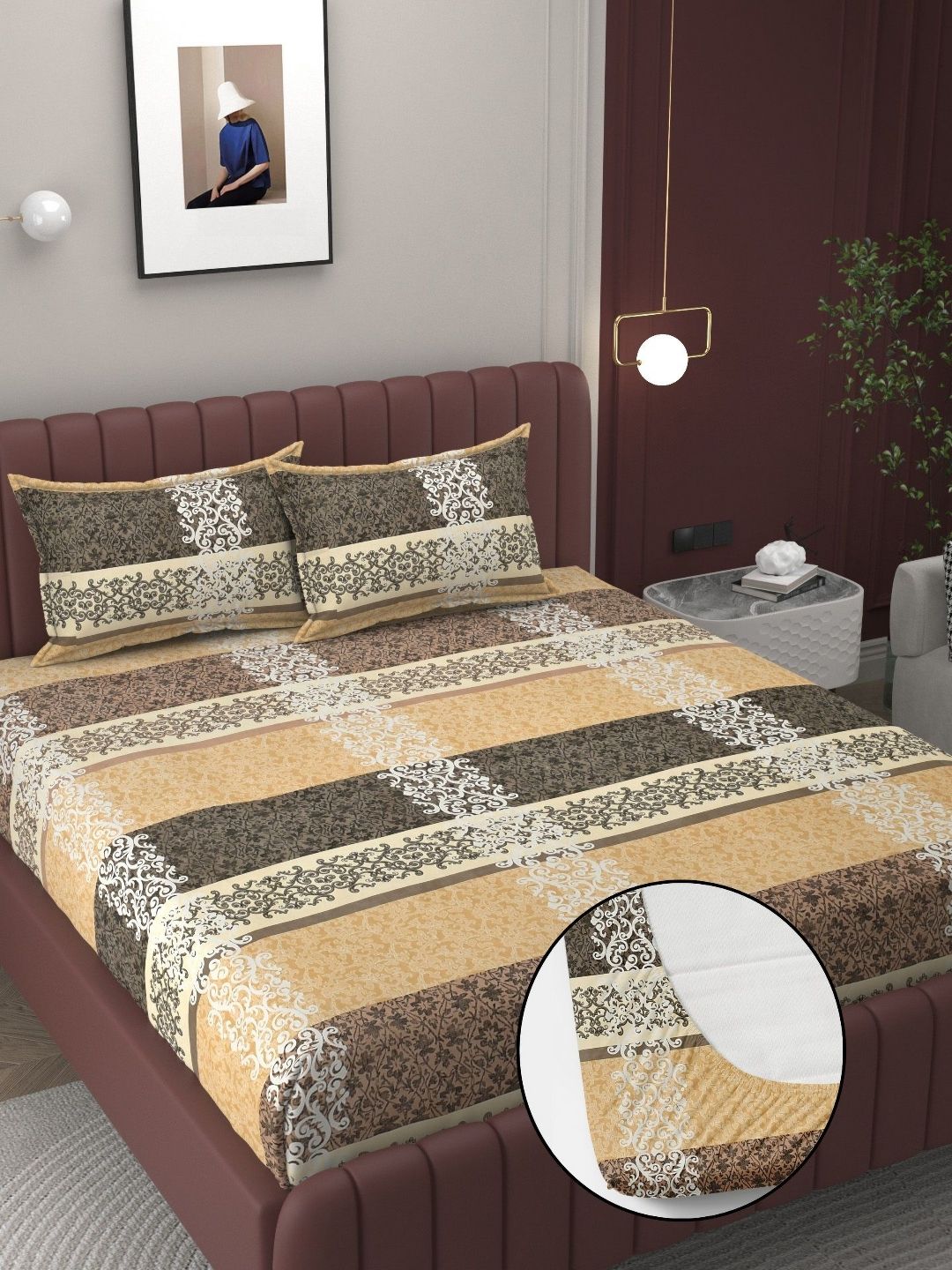 BELVOSTUM Beige Ethnic Motifs Cotton 210 TC Fitted Crib Fine Bedsheet with 2 Pillow Covers-228.6 x 213.36 cm