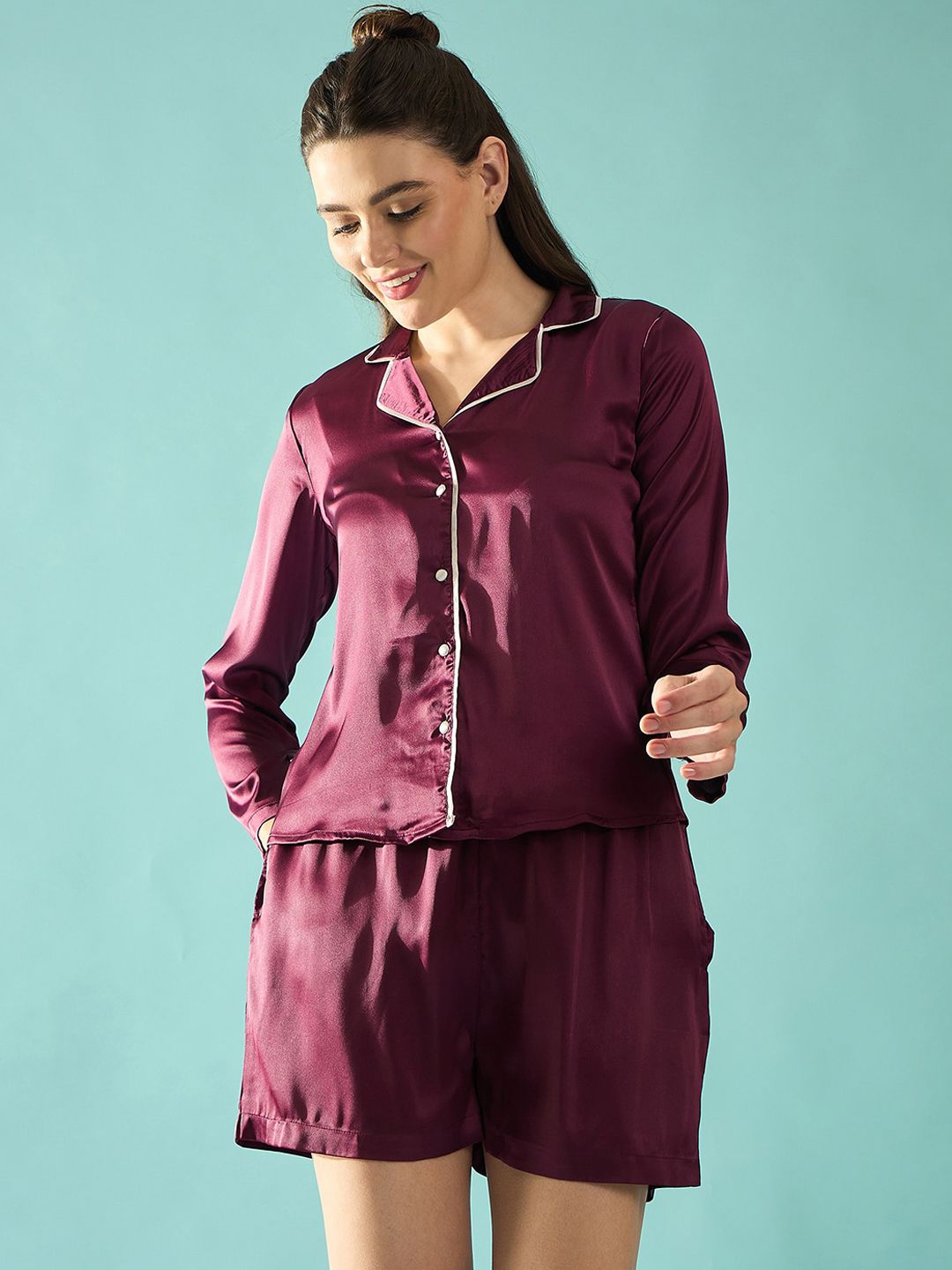 PANIT Women Satin Solid Long Sleeves Night suit