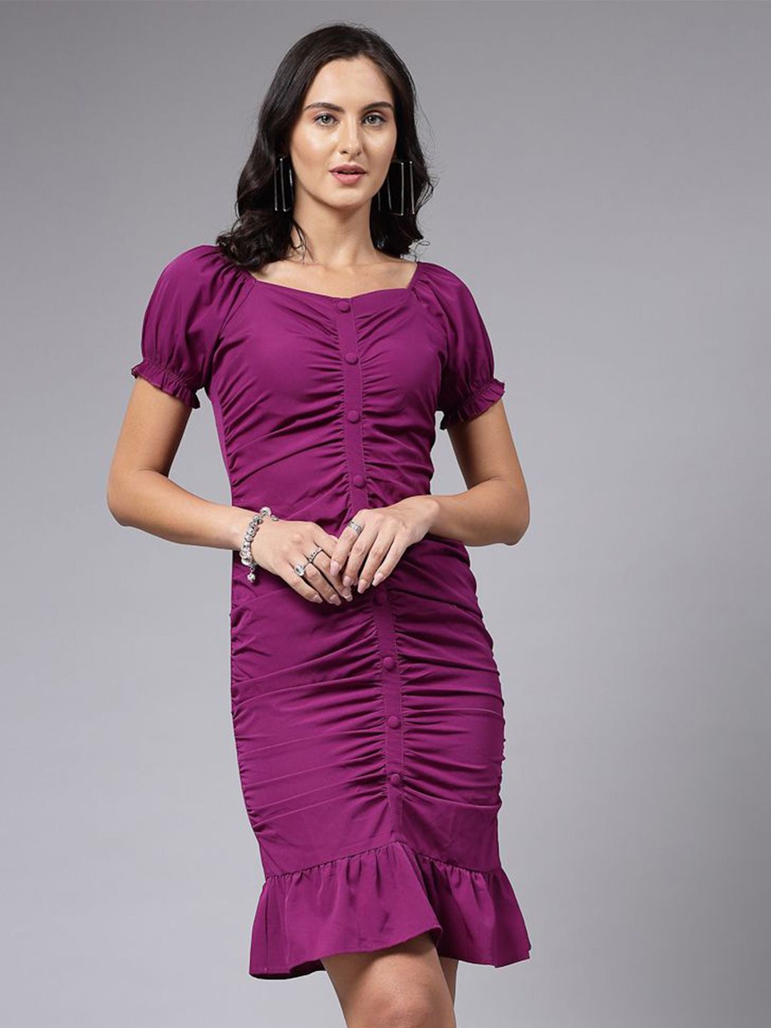 aayu Puff Sleeve Crepe Sheath Dress