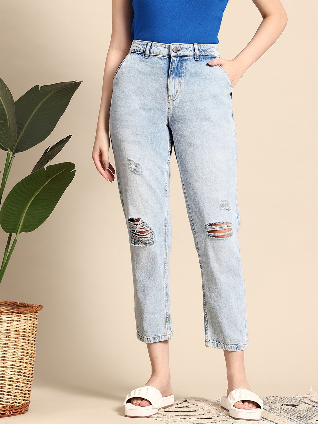 Mast & Harbour Women High-Rise Distressed Stretchable Boyfriend Fit Jeans