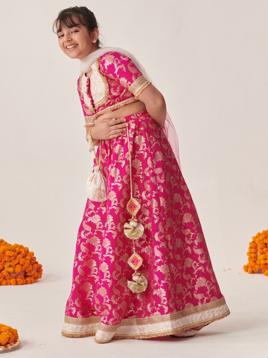 Girls Magenta Zari Brocade Lehenga Choli Dupatta Set 3
