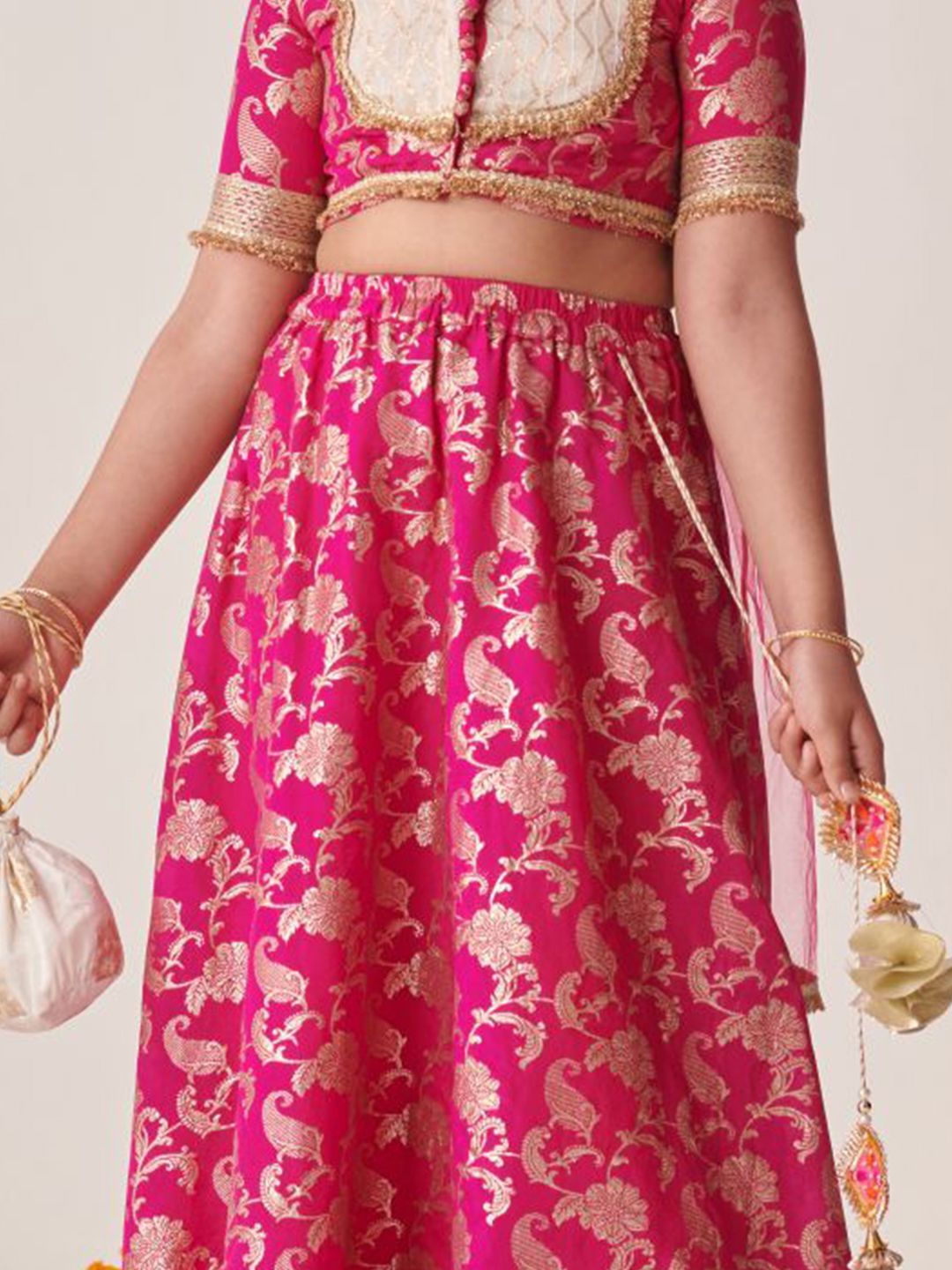 Girls Magenta Zari Brocade Lehenga Choli Dupatta Set 2