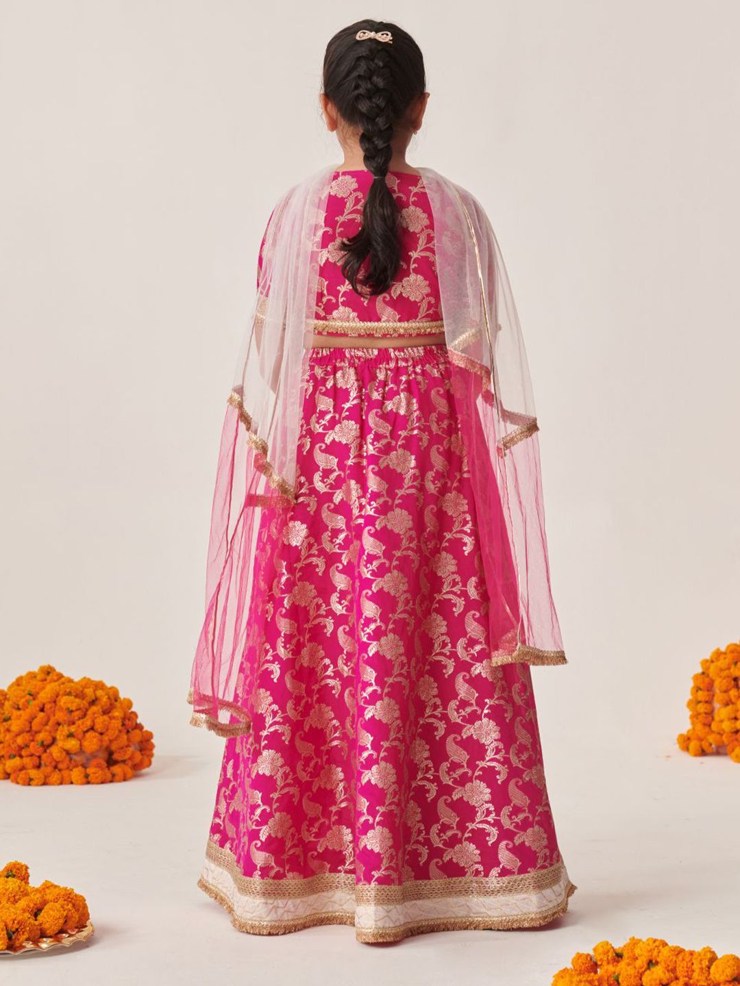 Girls Magenta Zari Brocade Lehenga Choli Dupatta Set 4