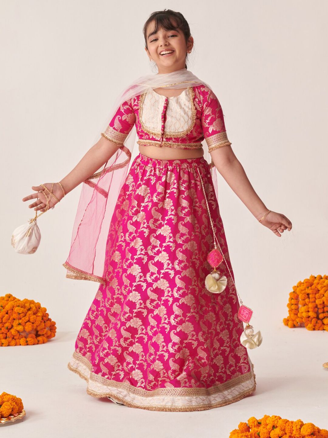 Girls Magenta Zari Brocade Lehenga Choli Dupatta Set 5