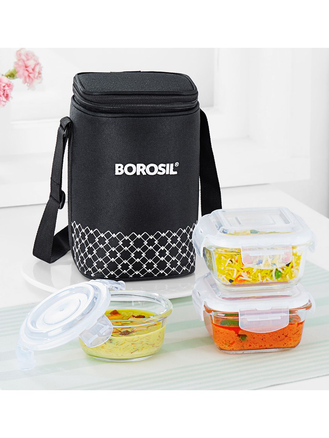BOROSIL 3-Pcs Black Printed Glass Lunch Box With Insulated Lunch Bag