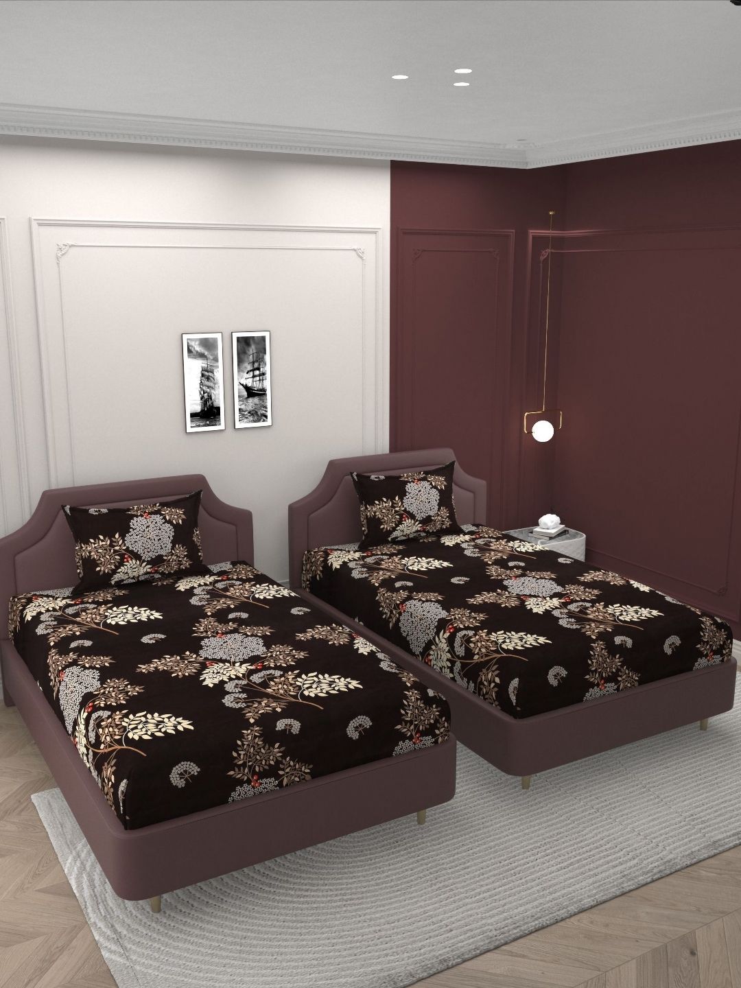 Buy Bromwick Coffee Brown Floral Cotton 210 TC Single Superfine 2 Bedsheet With 2 Pillow Covers 90 X 60 Inches -  - Home for Unisex