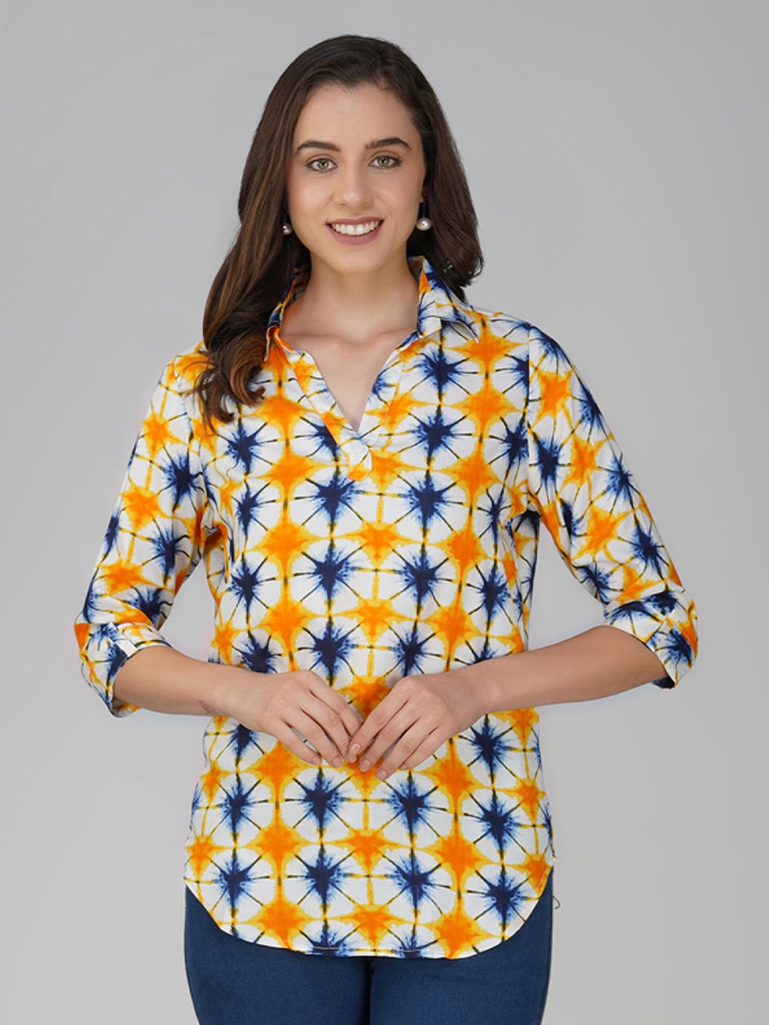 KALINI Geometric Print Shirt Style Top