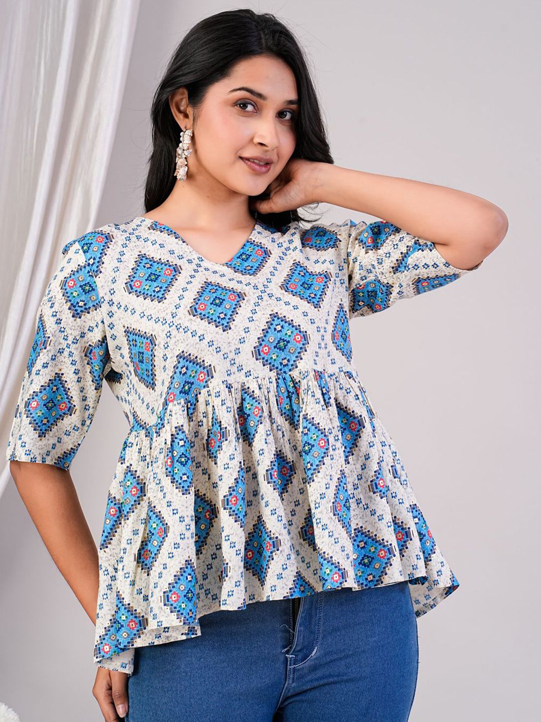 KPF Ethnic Motifs Printed V-Neck A-Line Top