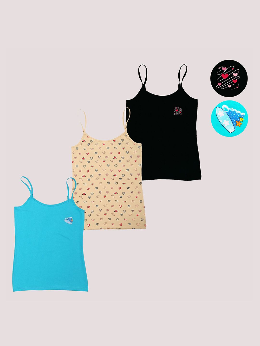 F&S Girls Pack Of 3 Printed Cotton Camisoles