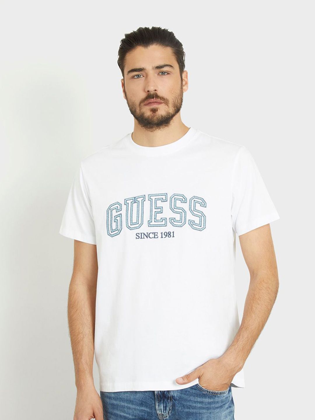 GUESS Men Typography Embroidered Round Neck Pure Cotton T-shirt
