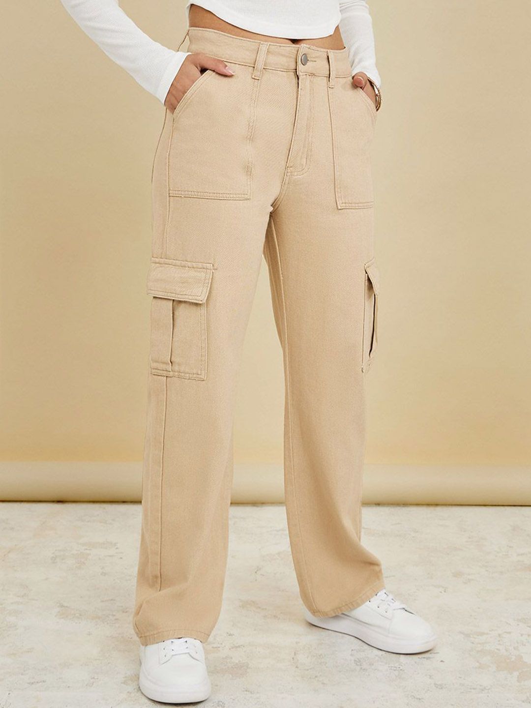Styli Women High Rise Relaxed Fit Stretchable Cargo Jeans