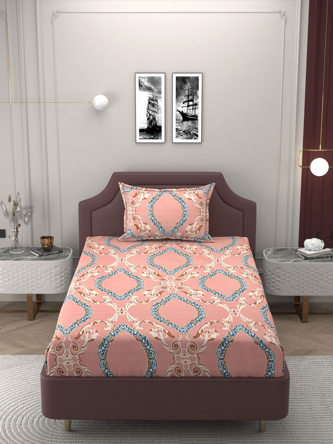 Buy Bromwick Pink Floral Cotton 250 TC Fitted Single Superfine Bedsheet With A Pillow Cover 90 X 60 Inches -  - Home for Unisex