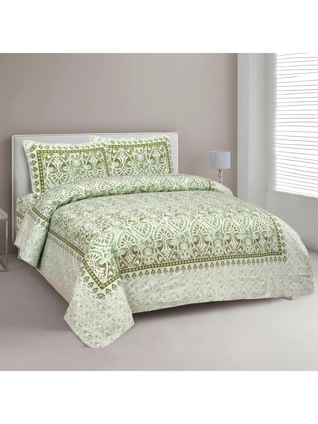 BED-SHEET.COM Green & White Ethnic Motifs 250 TC Pure King Bedsheet With 2 Pillow Covers