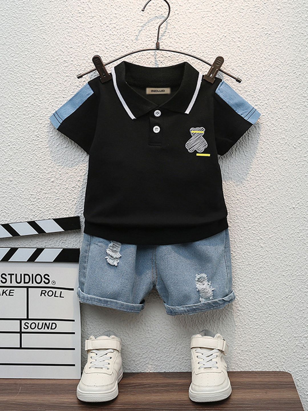 Buy INCLUD Boys Printed Polo Collar T Shirt With Denim Shorts Clothing Set -  - Apparel for Boys