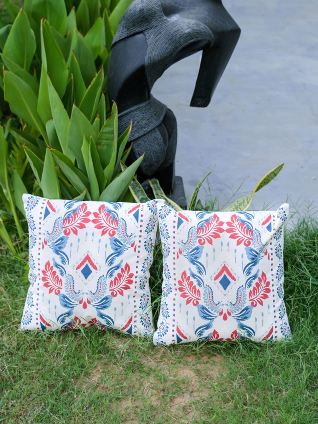 ABSTRACT INDIA White & Blue Floral Cotton Square Cushion Cover