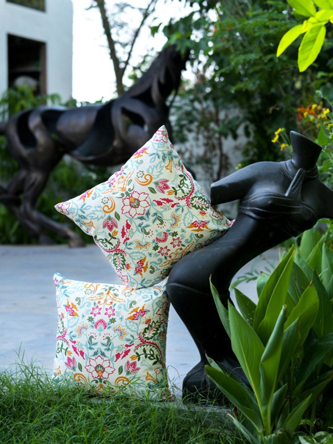 ABSTRACT INDIA White Floral Cotton Breathable 2 Square Cushion Covers -16x16In