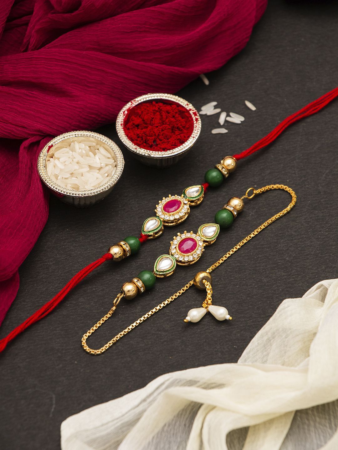 CraftVatika Set of 2 Beaded Thread Rakhis with Greeting Card